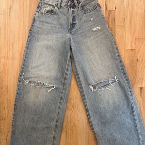 Old Navy Blue Flare Wide Leg Jeans with Distressed Details